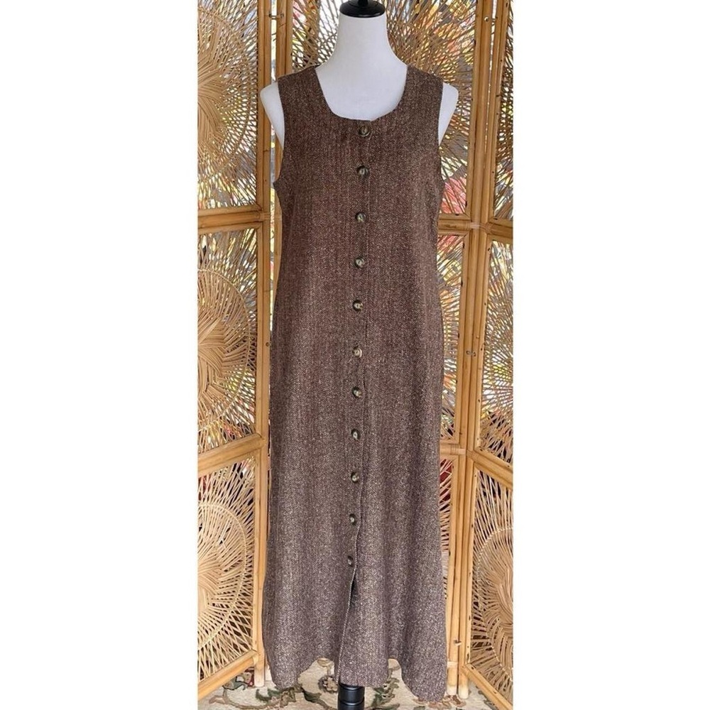 Vintage Christopher & Banks Brown Tone Tweed Button Front Sleeveless Maxi Dress - Picture 2 of 8
